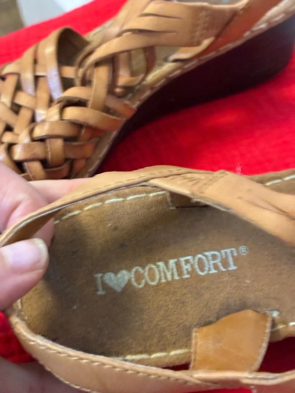 Vintage 80s Tan Woven Leather Huarache  Slingback Sandals w/ Low Wedge Heels - Picture 9 of 10